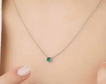 Emerald Solitaire Necklace, 14K Solid White Gold Emerald Necklace, 4mm Bezel Set Emerald Necklace , May Birthstone, Green Emerald, Gemstone