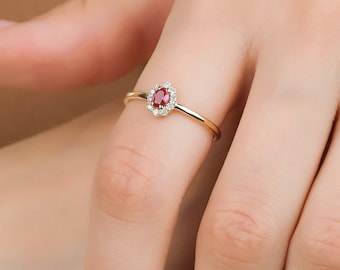 Natural Ruby Ring, 14K Gold Ruby and Diamond Ring, Dainty Ruby Ring, Diamond Wedding Band, July Birthstone Ring, Womens Diamond Wedding Ring