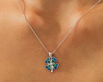 14K Solid Yellow Gold Four Leaf Clover Necklace, Diamond Necklace, Daisy Necklace, Enamel Four Leaf Clover Necklace, Irish Clover Necklace