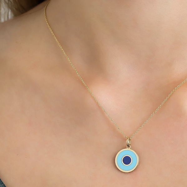 Evil Eye Necklace, 14K Solid Yellow Gold Round Evil Eye Necklace, Turquoise Evil Eye Necklace, Nazar Necklace, Kabbalah, Evil Eye Pendant