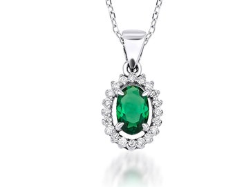 Emerald Necklace, 14K Solid White Gold Diamond Solitaire Necklace ,Oval Emerald and Diamond Solitaire Necklace ,Diamond Necklace