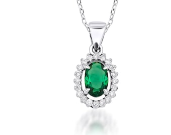 Emerald Necklace, 14K Solid White Gold Diamond Solitaire Necklace ,Oval Emerald and Diamond Solitaire Necklace ,Diamond Necklace