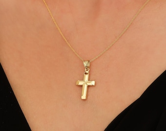 14K Yellow Gold Cross Necklace, Cross Pendant , Small Cross Necklace, Minimalist Cross Necklace, Baptism Gift, Dainty Cross Necklace