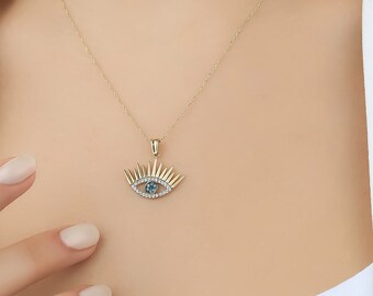 14K Solid Yellow Gold Evil Eye Necklace, Dainty Evil Eye Necklace, Evil Eye Pendant, Evil Eye Charm, Eye Shape Evil Eye Necklace