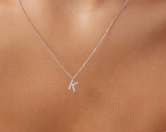 Diamond Initial Necklace,14K White Gold Diamond Letter Necklace, Letter K Necklace in 14K Gold ,Layering Necklace, Small Initial Pendant