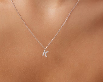 Diamond Initial Necklace, 14K White Gold Diamond Letter Necklace, Letter K Necklace in 14K Gold, Layering Necklace, Small Initial Pendant