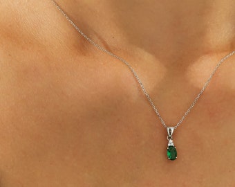 14K Solid White Gold Emerald Necklace, Diamond Solitaire Necklace ,Oval Emerald Solitaire Necklace ,May Birthstone, Green Emerald, Gemstone