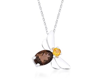 14K White Gold Smoky Quartz and Citrine Necklace ,Mini Honey Bee Necklace ,Gemstone Necklace, Bee Necklace, Bee Pendant, Bumble Necklace