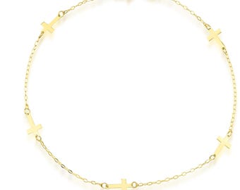14K Solid Yellow Gold Small Cross Bracelet, Minimalist Cross Bracelet, Dainty Cross Bracelet, Gold Bracelet, Station Cross Bracelet