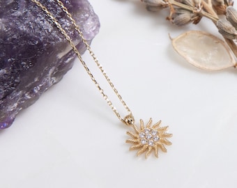 14K Solid Yellow Gold Sun Necklace, Dainty Sun Necklace, Diamond CZ Sun Necklace, Minimalist Sun Necklace, Gold Necklace, Womens Necklace