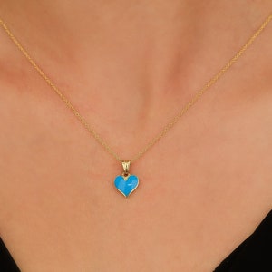 14K Solid Yellow Gold Heart Necklace, Blue Heart Necklace, Blue Enamel Heart Necklace, Dainty Heart Pendant, Valentine Days Gift