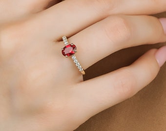 Ruby Rings, 14K Yellow Gold Ruby and Diamond Ring, 1 Carat Oval Ruby Ring, Diamond Engagement Ring, July Birthstone, Gemstone Ring