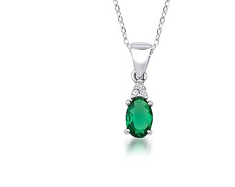 Emerald Necklace, 14K Solid White Gold Emerald and Diamond Solitaire Necklace, Oval Emerald Necklace, Diamond Necklace, May Birthstone