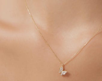 Butterfly Necklace,14K Solid Yellow Gold Butterfly Necklace, Diamond CZ Butterfly Necklace, Minimalist Butterfly Necklace, Gifts for Her
