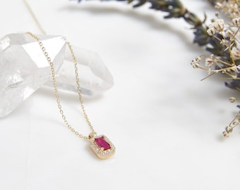 14K Yellow Gold Ruby Necklace, Emerald Cut Ruby Solitaire Necklace, Diamond CZ Ruby Necklace, Minimalist Ruby Necklace , July Birthstone