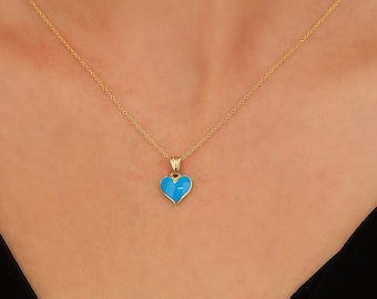 14K Solid Yellow Gold Heart Necklace, Blue Heart Necklace, Blue Enamel Heart Necklace, Dainty Heart Pendant, Valentine Days Gift