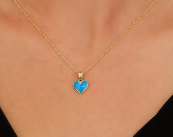 Heart Necklace, 14K Solid Yellow Gold Turquoise Heart Necklace, Blue Enamel Heart Necklace, Dainty Heart Pendant, Minimalist Heart Charm