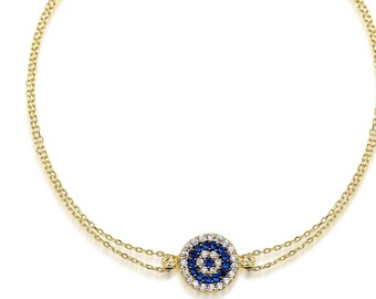 Evil Eye Bracelet, 14K Solid Yellow Gold Evil Eye Bracelet, Minimalist Round Evil Eye Bracelet, Protection Jewelry, Gold Evil Eye, Nazar