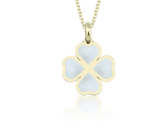 14K Yellow Gold Mother of Pearl Four Leaf Clover Necklace, Mother of Pearl Clover Pendant, Good Luck Charm, Pearl Necklace