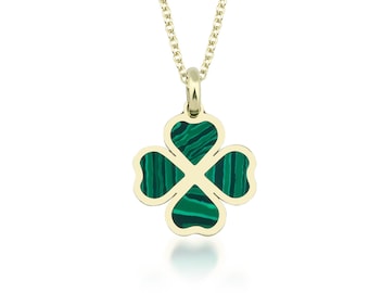14K Yellow Gold Malachite Four Leaf Clover Necklace, Green Malachite Clover Necklace, Lucky Charm, Irish Clover Necklace, Good Luck Necklace