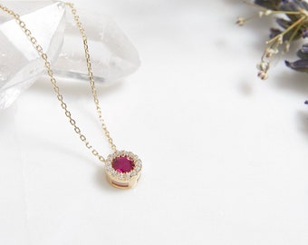 14K Solid Yellow Gold Ruby Necklace, Ruby Solitaire Necklace, Diamond Cz Ruby Necklace, Minimalist Ruby Necklace, July Birthstone, Gemstone