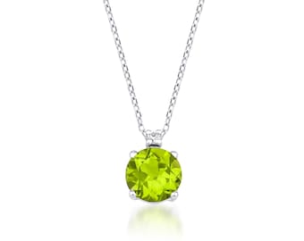 14K Solid White Gold Peridot and Diamond Solitaire Necklace ,Round Natural Green Peridot and Diamond Necklace ,Gemstone Necklace