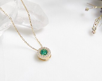 Emerald Necklace, 14K Yellow Gold Emerald Solitaire Necklace, Diamond CZ Solitaire Necklace, Womens Necklace, Gemstone, May Birthstone