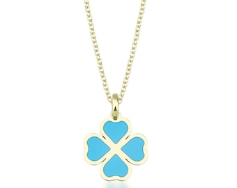 14K Yellow Gold Turquoise Four Leaf Clover Necklace, Turquoise Clover Pendant,  Good Luck Necklace, Turquoise Necklace