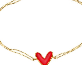 Red Heart Bracelet, 14K Solid Yellow Gold Enamel Bracelet Necklace, Red Enamel Heart Bracelet, Gold Heart Bracelet, Love Bracelet