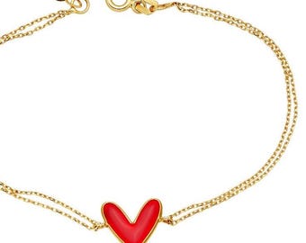 Red Heart Bracelet, 14K Solid Yellow Gold Enamel Bracelet Necklace, Red Enamel Heart Bracelet, Gold Heart Bracelet, Love Bracelet