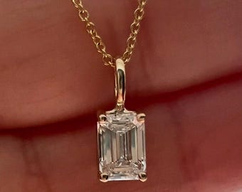 14K Solid Yellow Gold 1 Carat Emerald Cut Lab Grown Diamond Solitaire Necklace, Diamond Solitaire Pendant