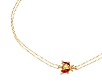 14K Solid Yellow Gold Lady Bug Bracelet, Minimalist Lucky Lady Bug Bracelet, Red Lady Good Luck Charm