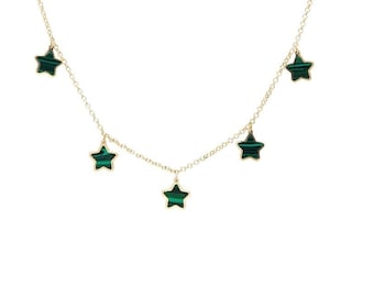 14K Solid Yellow Gold Malachite Star Necklace, Green Malachite Necklace, Malachite Star Station Necklace, Gold Necklace