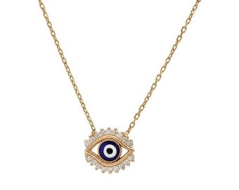 Evil Eye Necklace, 14K Solid Yellow Gold Evil Eye Necklace, Minimalist Evil Eye Necklace, Nazar Necklace, Kabbalah, Gold Evil Eye Pendant