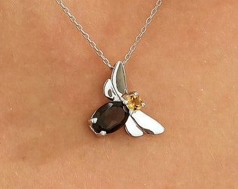 Bee Necklace, 14K White Gold Bee Necklace, Smoky Quartz and Citrine Bee Necklace, Bee Necklace, Gemstone Necklace, Bee Pendant, Bumble Bee