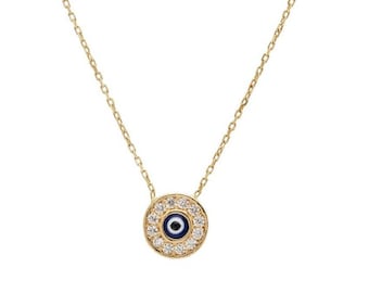 Evil Eye Necklace, 14K Solid Yellow Gold Round Evil Eye Necklace, Minimalist Evil Eye Necklace, Protection Jewelry, Womens Necklace