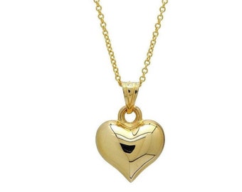 14K Solid Yellow Gold Puffed Heart Necklace, Dainty Heart Necklace, Shiny Puffed Heart Necklace, Puffed Heart Charm, Heart Pendant, 3D Heart