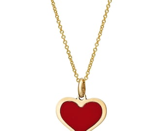 14K Solid Yellow Gold Red Coral Heart Necklace, Heart Pendant, Gold Chain , Red Coral Necklace