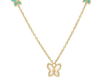 14K Solid Yellow Gold Butterfly Necklace, Turquoise Butterfly Necklace, Enamel Butterfly Necklace, Mother Of Pearl Butterfly Necklace