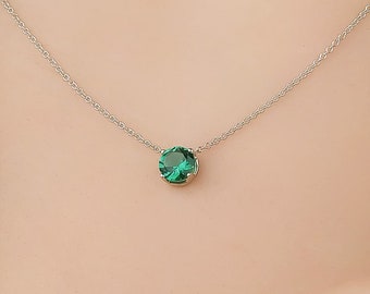 Emerald Solitaire Necklace,14K White Gold Emerald Necklace,6mm Prong Setting Round Emerald Necklace, May Birthstone, Green Emerald, Gemstone