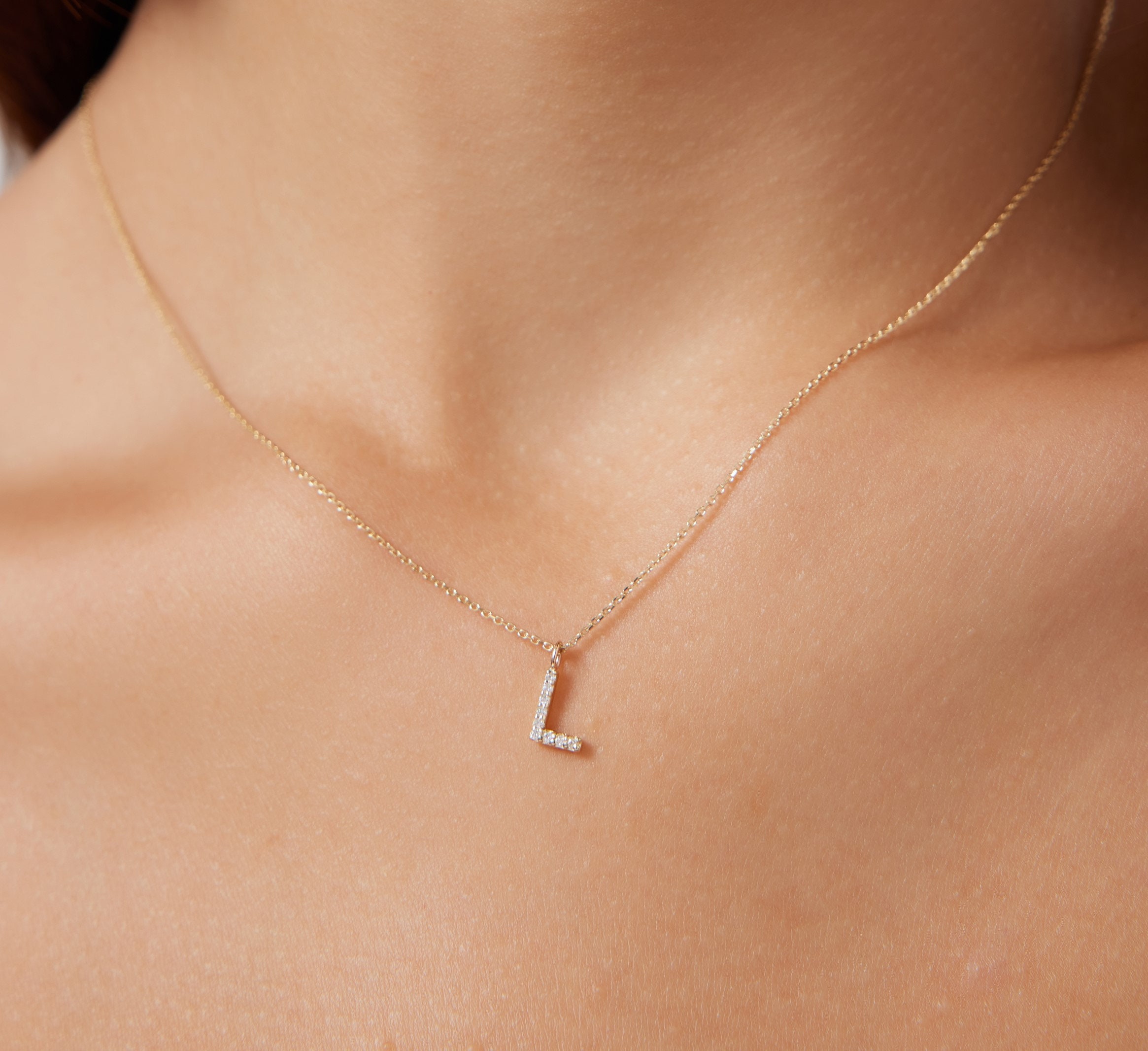 Diamond Initial Necklace 14K Yellow Gold Diamond Letter Necklace