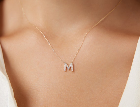 Diamond Initial Necklace 14K Solid Yellow Gold Diamond Letter Necklace Letter M Necklace All Letters Available Personalized Jewelry Etsy