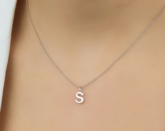 14K Solid White Gold Letter Necklace, Minimalist Initial Necklace, Layering Necklace, All Letters Available, Letter S Necklace