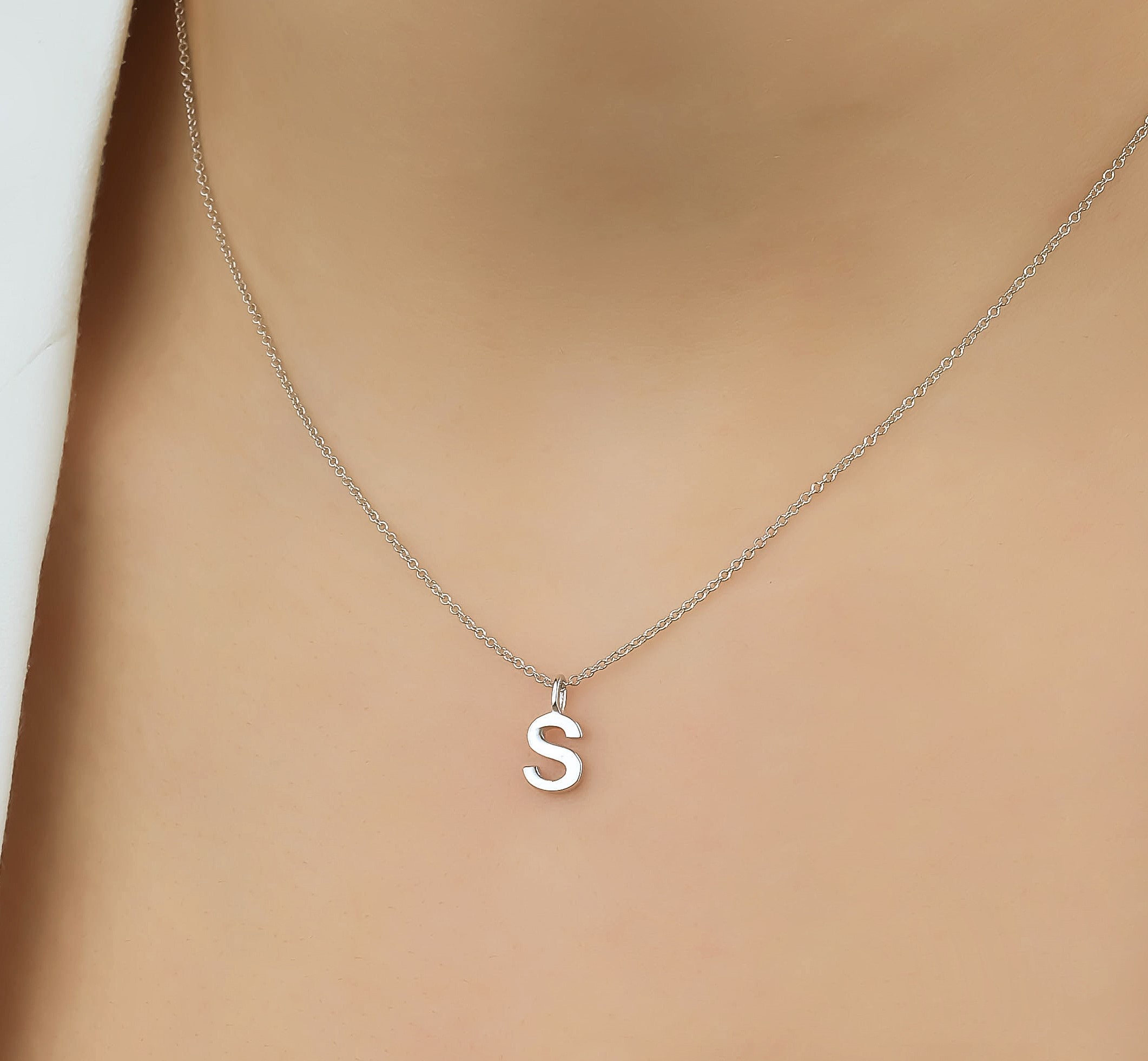 Initial Necklace, 14K White Gold Letter Necklace, Gold Letter Pendant,  Layering Necklace, All Letters Available, Letter S Necklace