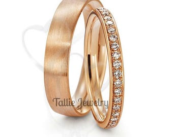 His and Hers Diamond Eternity Wedding Rings, Matching Wedding Bands Set ,10K 14K 18K Solid Rose Gold Mens and Womens Wedding Bands