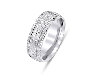 7mm 10K 14K 18K Solid White Gold Wedding Bands, Hand Engraved Mens Wedding Ring, Hand Engraved Mens Wedding Band, Comfort Fit, Milgrain