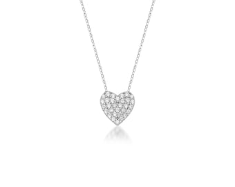 Heart Necklace, 14K Solid White Gold Heart Necklace, Diamond CZ Heart Necklace, Minimalist Heart Necklace in 14K Gold, Valentines Day Gift