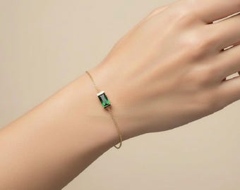 Baguette Emerald Bracelet, 14K Solid Yellow Gold Emerald Bracelet, Gemstone, May Birthstone