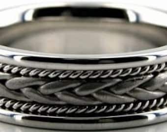 7mm 10K 14K 18K Solid White Gold Mens Wedding Band,  Handmade Braided Mens Wedding Ring , Solid White Gold Wedding Band