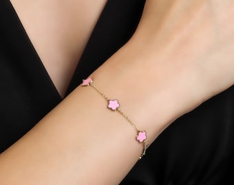 14K Solid Yellow Gold Pink Blossom Bracelet, Daisy Flower Bracelet, Daisy Floral Design Station Bracelet, Four Leaf Clover Bracelet